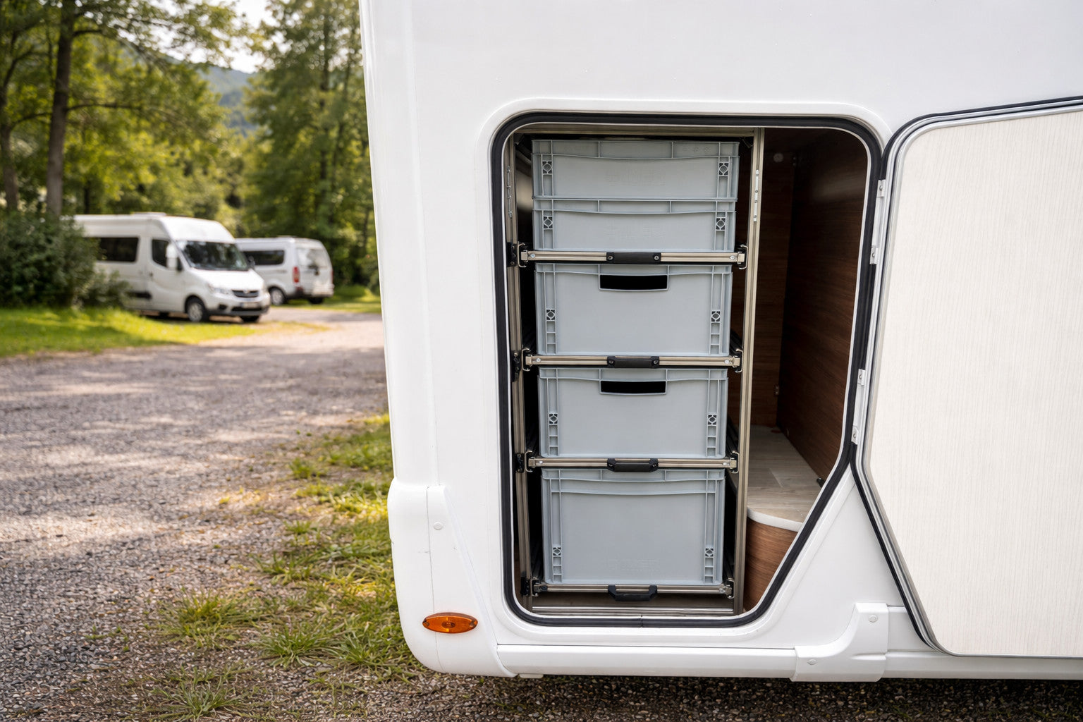 Installed NovaRacks system inside a motorhome storage compartment